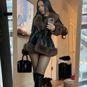 Black leather brown fur trim coat dress